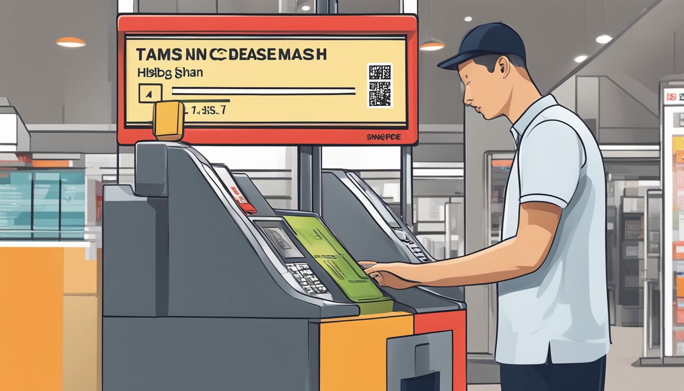 A customer swiping an HSBC card at a payment terminal with the words "Terms and Fees What is HSBC Cash Instalment Plan Singapore?" displayed on the screen
