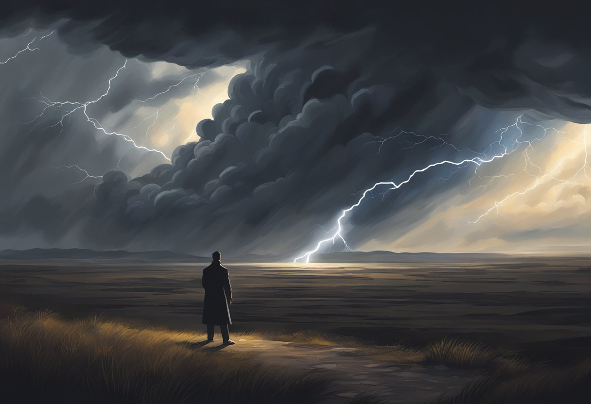 Dark clouds loom over a desolate landscape as lightning strikes, illuminating a lone, sinister figure in the distance