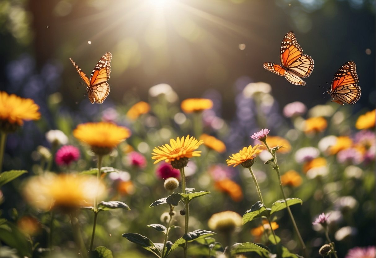 A colorful garden with blooming flowers and butterflies flying around, with a bright sun shining in the sky and a peaceful atmosphere