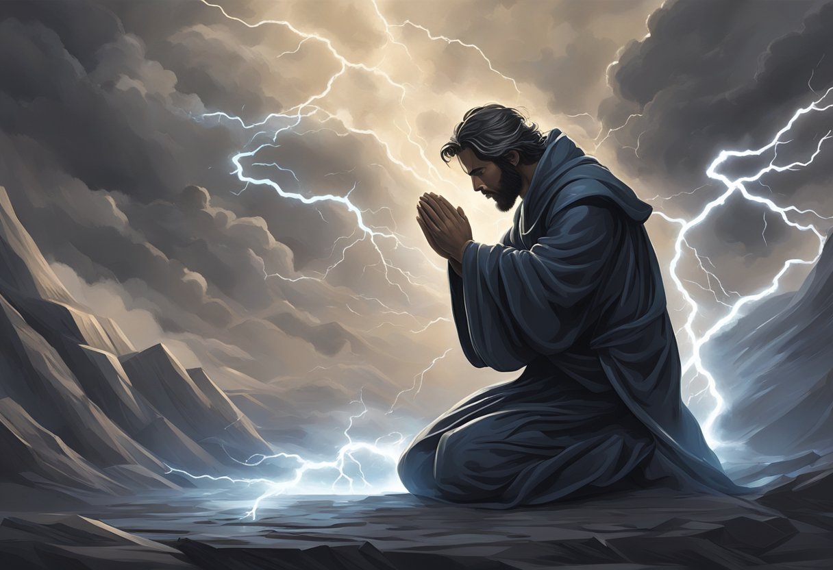 A dark figure kneels in prayer, surrounded by swirling winds and crackling lightning, invoking divine retribution against the wicked