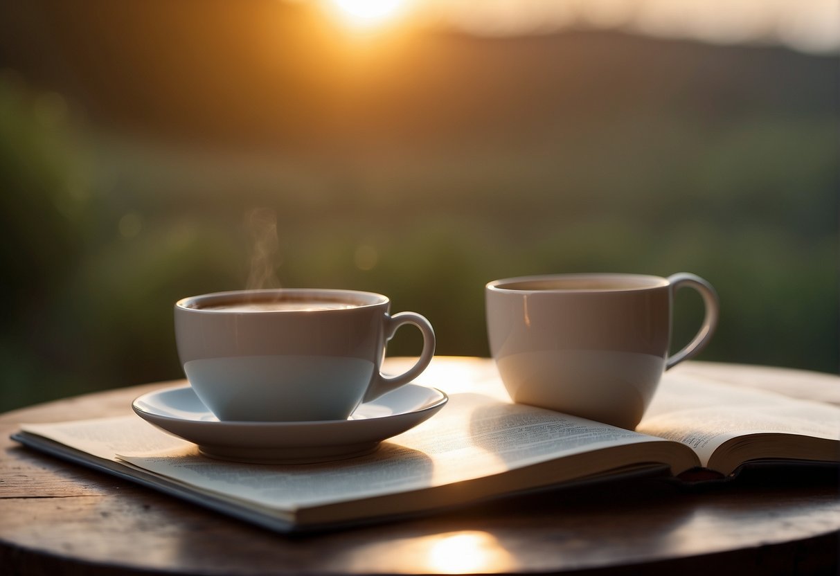 Wake Up Early Quotes: The sun rises over a peaceful landscape, with a cup of coffee and a book on a table, symbolizing the practical benefits and strategies of waking up early