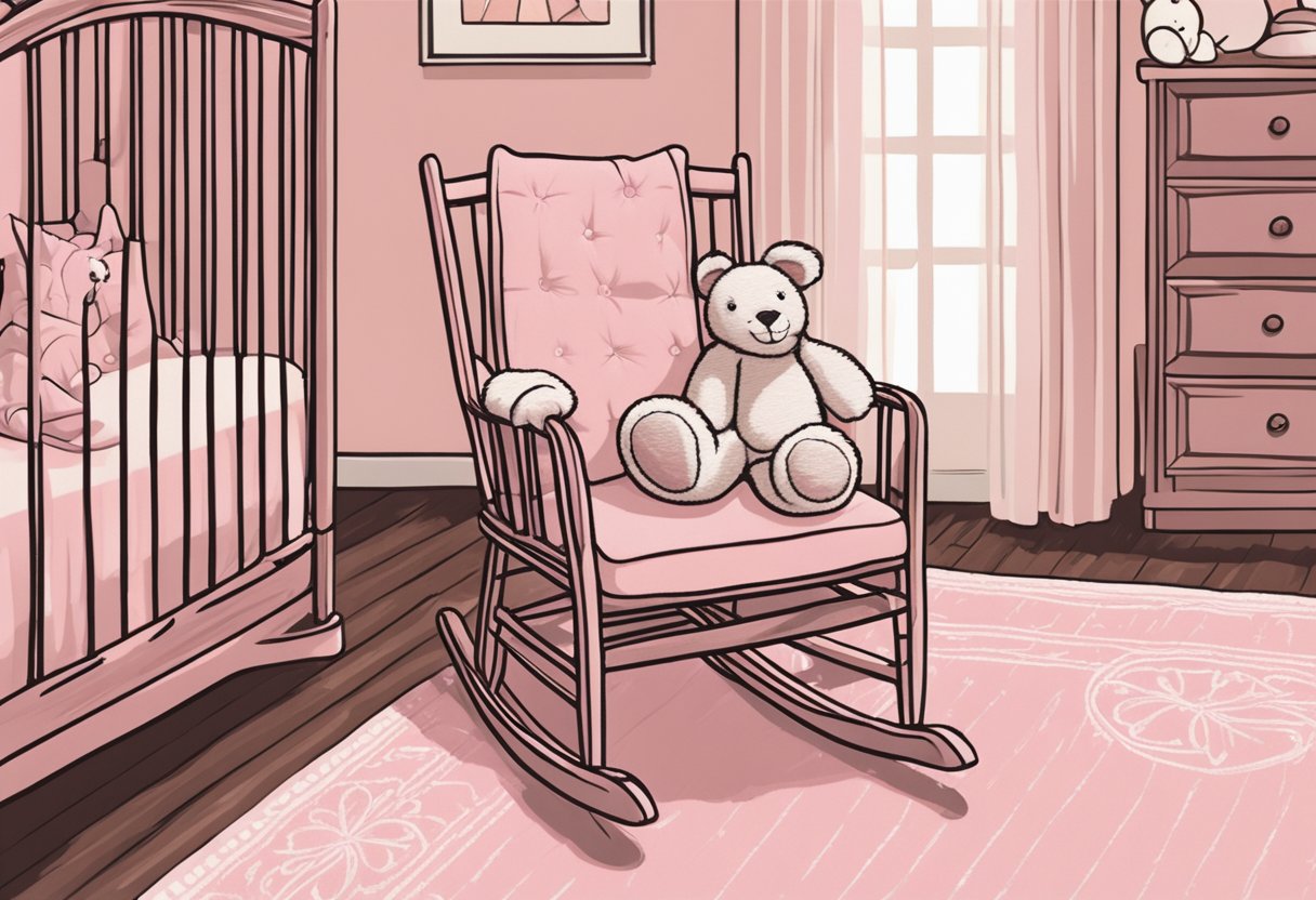 A soft pink blanket with "Mikayla" embroidered in cursive sits on a rocking chair in a sunlit nursery. A small stuffed animal rests next to it