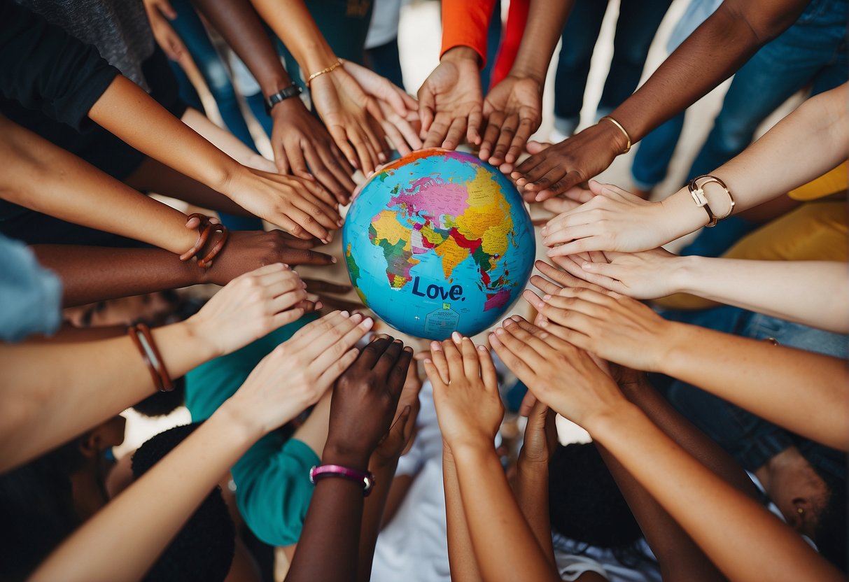 A diverse group of people standing in a circle, holding hands and smiling. In the center, a vibrant mural with words like "unity" and "love" surrounded by colorful symbols of different cultures