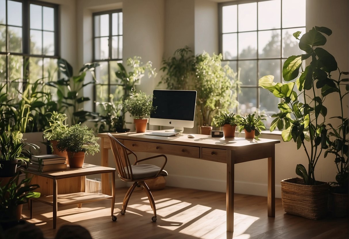 A serene room with a desk, plants, and a computer displaying positive affirmation wallpapers. Sunlight streams in through the window, creating a peaceful atmosphere