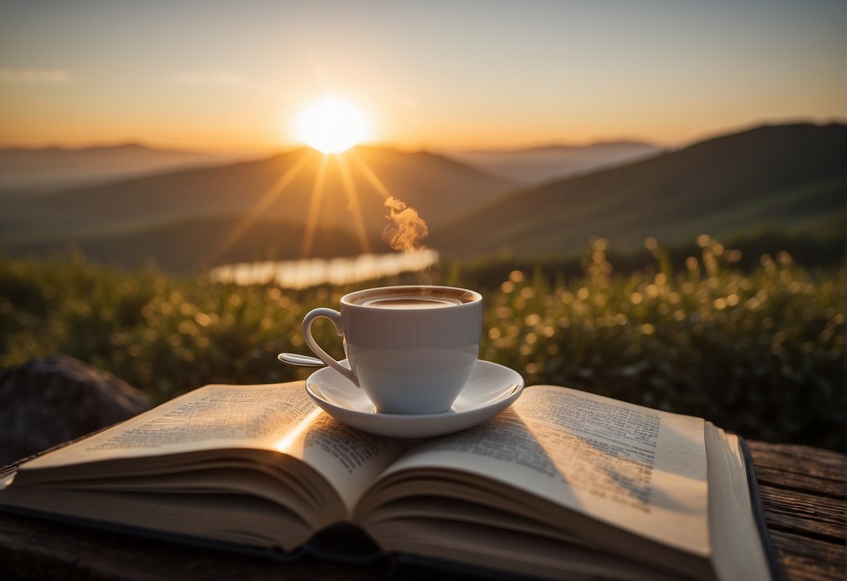 Wake Up Early Quotes: The sun rises over a tranquil landscape, with a cup of steaming coffee and a book open to a page of inspirational quotes