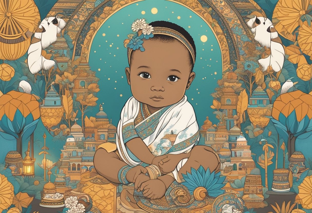 A baby named Mikayla is surrounded by diverse cultural symbols and traditions, reflecting the significance and usage of the name across different communities