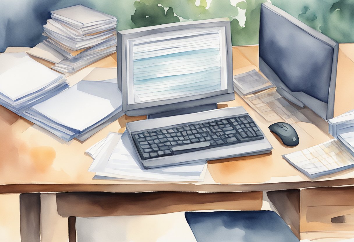 A computer desk with a keyboard and mouse, a laptop or desktop computer, and a stack of papers or files representing data entry tasks