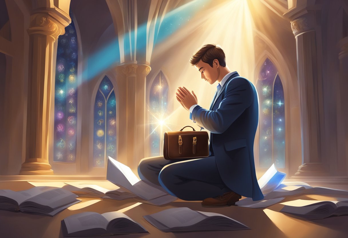 A person kneeling in prayer, surrounded by rays of light and symbols of career success, such as a briefcase or diploma, with a sense of hope and anticipation in the air