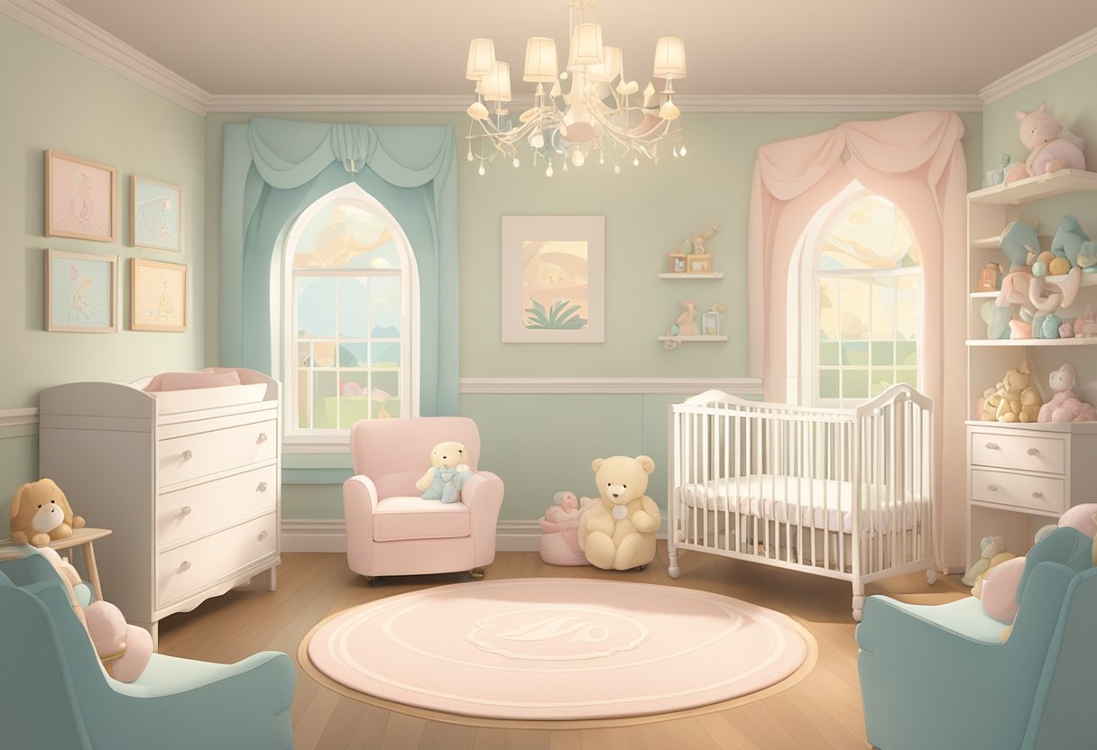 A peaceful nursery with a crib adorned with the name "Monroe" in elegant script, surrounded by soft, pastel-colored toys and a gentle, warm light filtering through the window