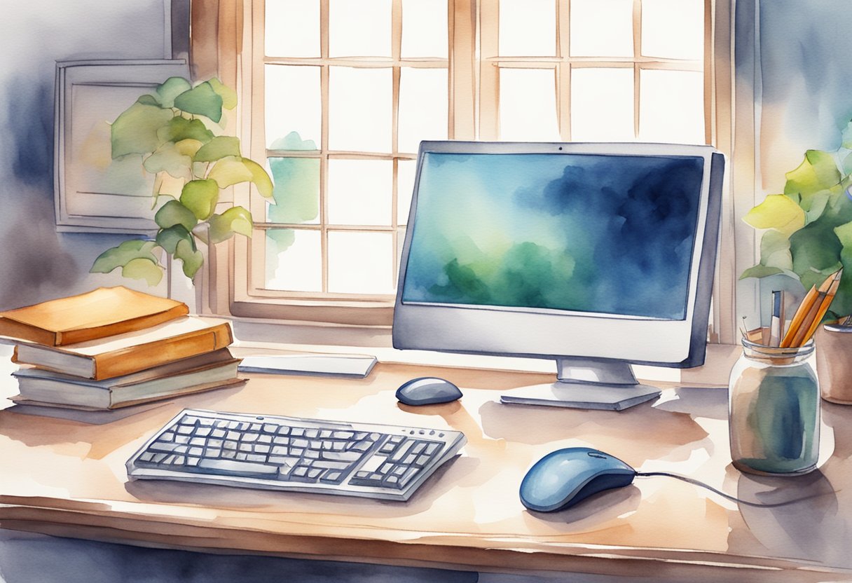 A desk with a computer, keyboard, and mouse. Software icons for data entry sites on the screen. An open notebook and pen on the side