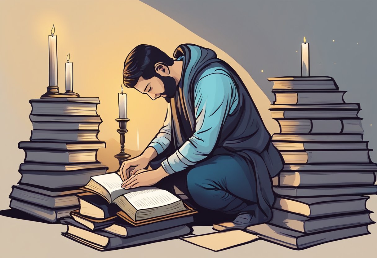 A person kneeling in prayer, surrounded by open books, a pen, and a candle, with a serene and focused expression