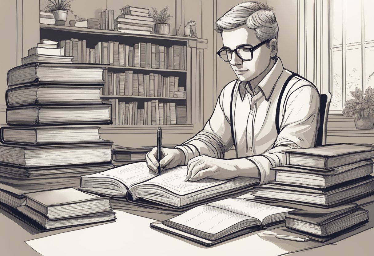 A person sitting at a desk, surrounded by books and a journal, with a focused expression while writing down prayers for their dream job