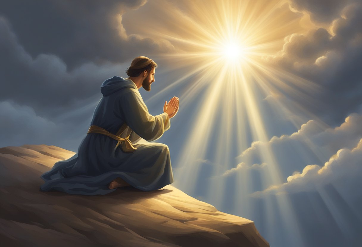 A figure kneels in prayer, surrounded by a radiant glow. Above, a beam of light breaks through the clouds, illuminating the scene