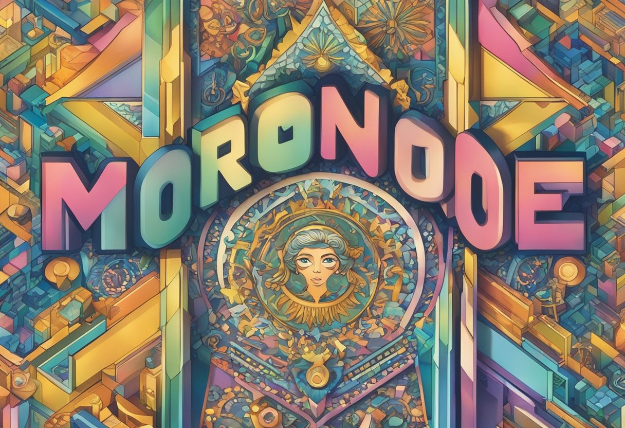 A gender-neutral name plaque with "Monroe" in bold letters, surrounded by diverse symbols and colors