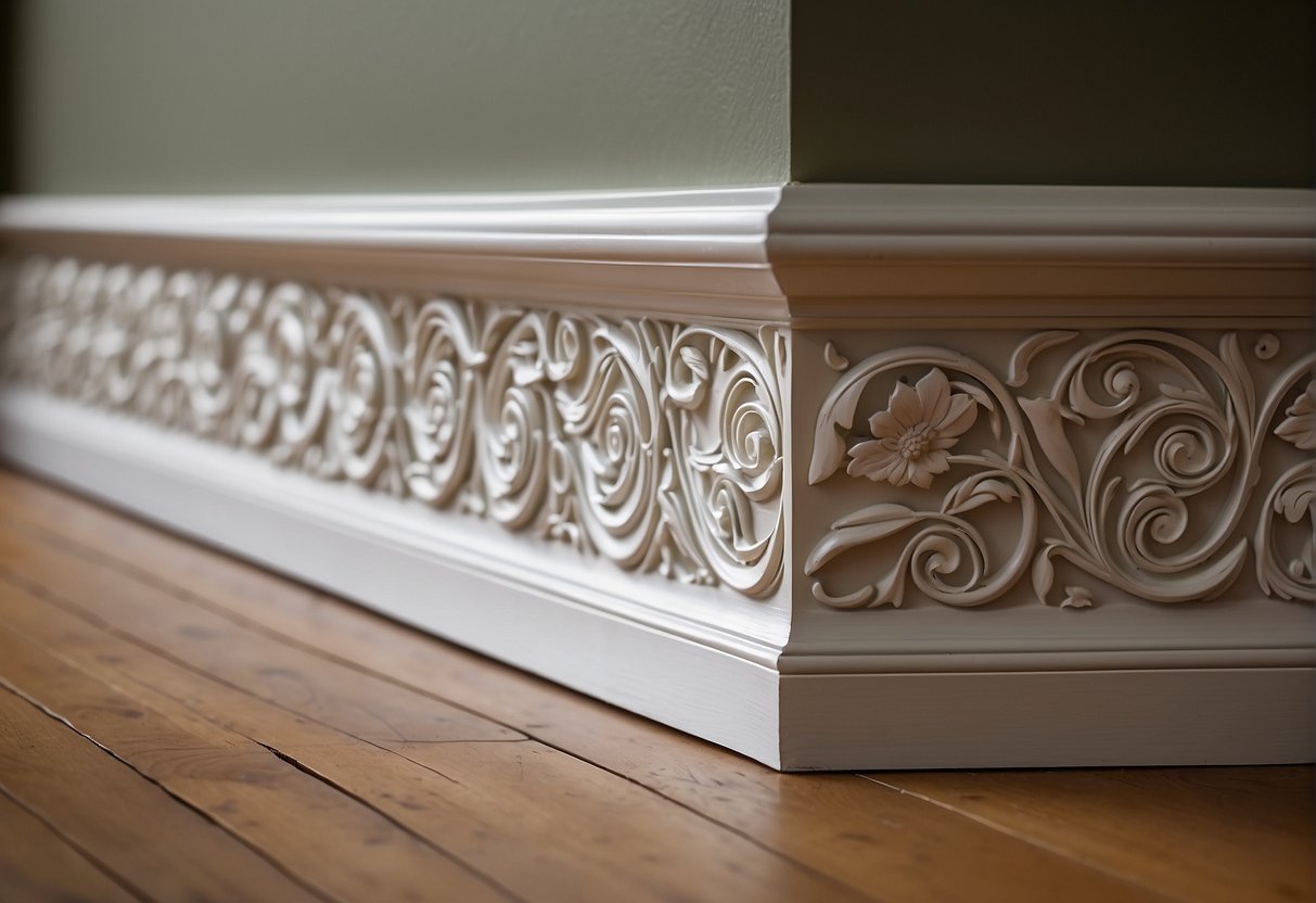 A skirting board runs along a wall, featuring intricate designs and styles. It curves around corners and extends into creative shapes, showcasing its versatility beyond just the base of walls
