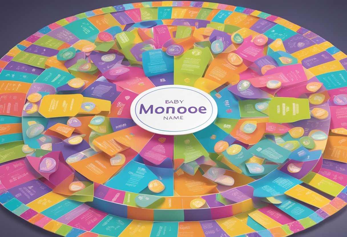"Variations and Similar Names baby name Monroe" - A colorful display of baby name cards arranged in a circular pattern with different fonts and styles