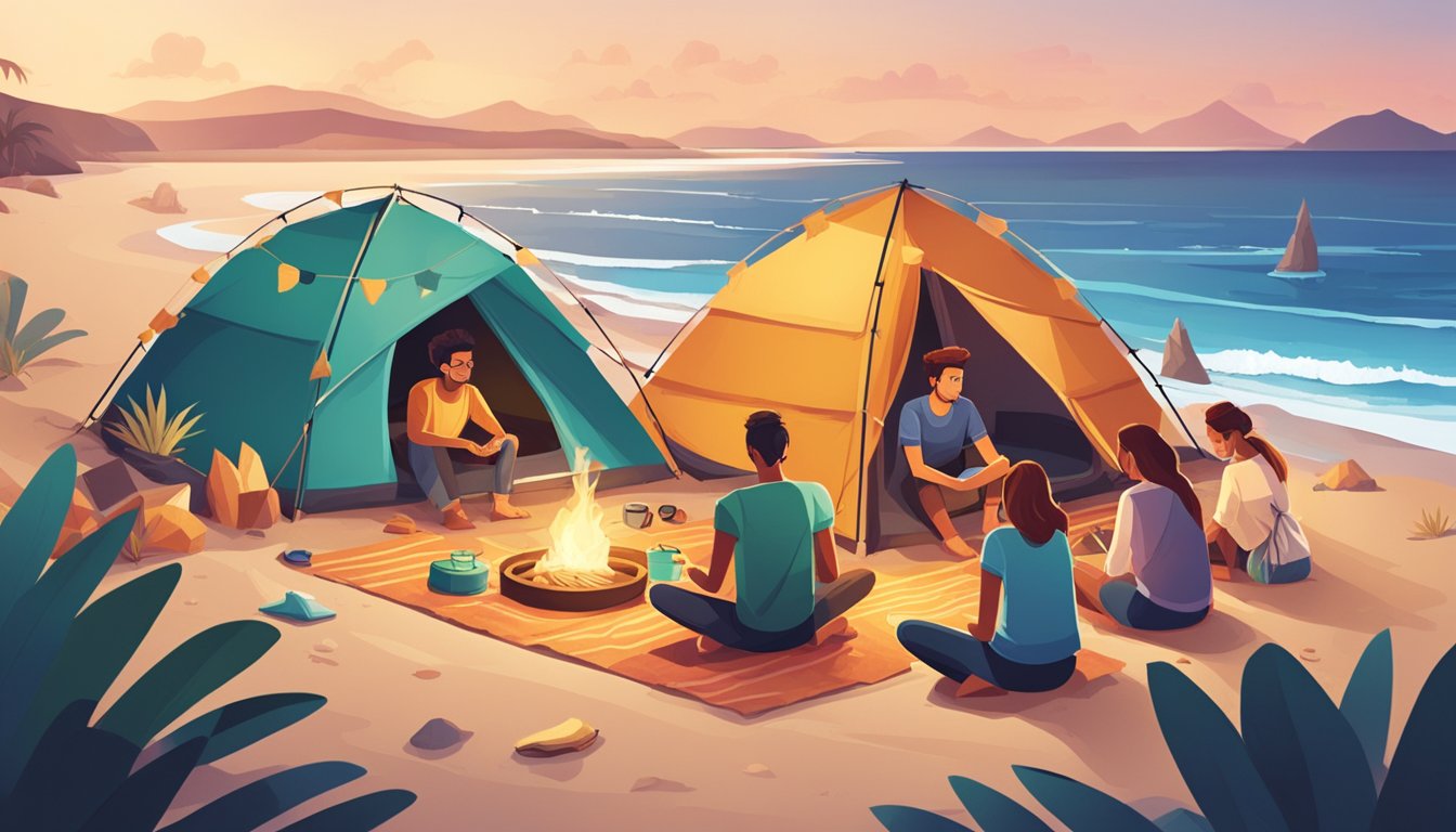 A group of friends sets up a makeshift campsite on a beautiful beach in Oceania. They use budget-friendly hacks to create a cozy and comfortable space, with colorful tents, a bonfire, and string lights