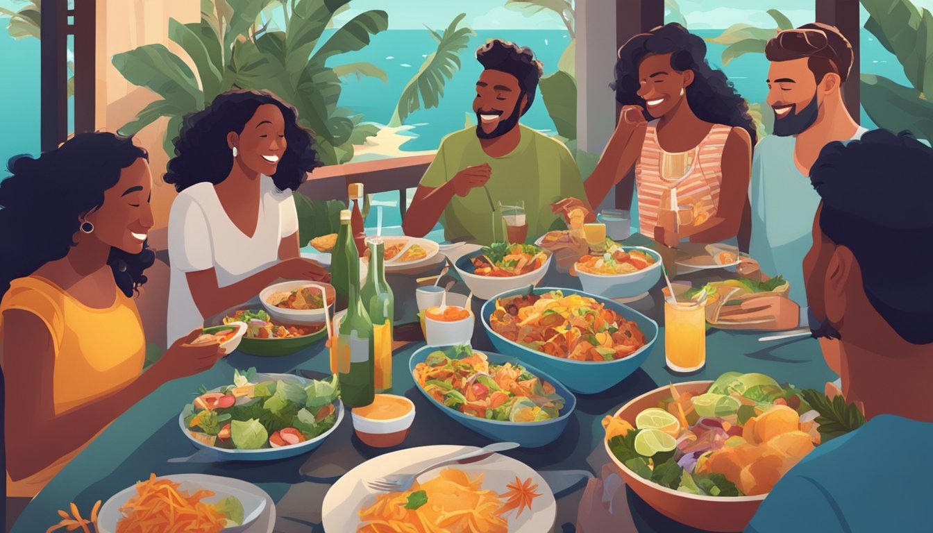 A group of friends enjoying a budget-friendly meal in Oceania, surrounded by vibrant local cuisine and lively conversation