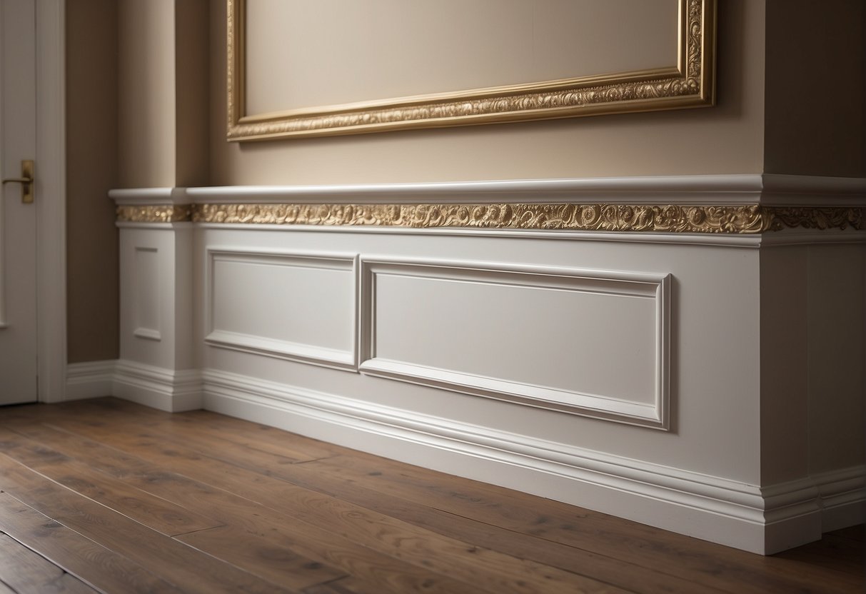 Skirting boards used as shelves, picture ledges, and decorative trim around doorways and windows. A staircase adorned with skirting board panels. A fireplace mantel embellished with skirting board molding