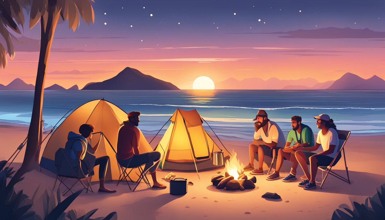 A group of friends exploring Oceania on a budget. They are camping on a beautiful beach, cooking meals over a campfire, and enjoying the stunning sunset