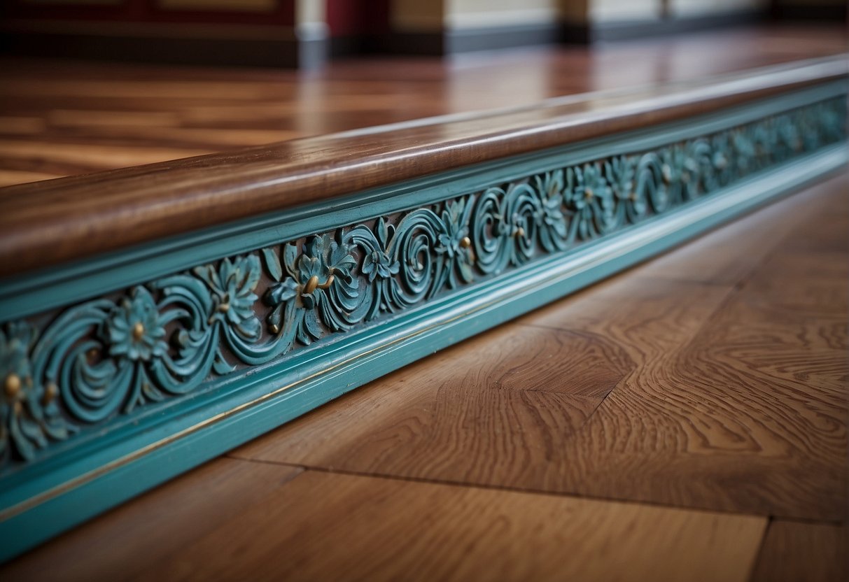 A skirting board adorned with intricate carvings and painted with vibrant colors, serving as a decorative border for a room's flooring