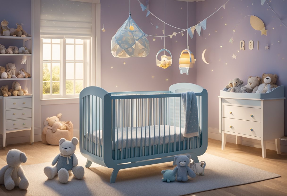 A crib with the name "Morgan" painted on it, surrounded by soft toys and a mobile hanging above