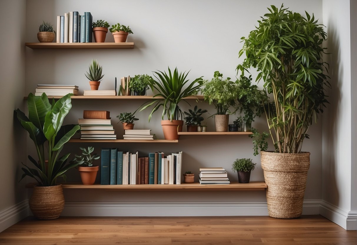 A room with skirting boards used as shelves, picture ledges, and decorative molding. Plants, books, and artwork adorn the skirting boards, showcasing their versatility beyond traditional use