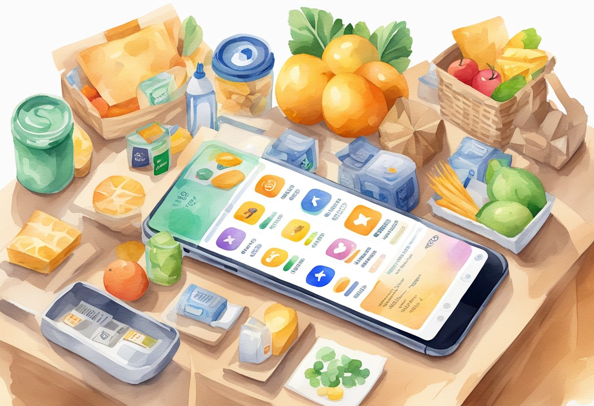 A smartphone displaying the Fetch Rewards app with a 5-star review, surrounded by various grocery items and a happy customer's receipt