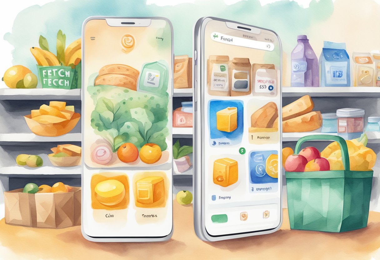 A smartphone displaying the Fetch Rewards app with a variety of grocery items, a receipt, and a happy face emoji