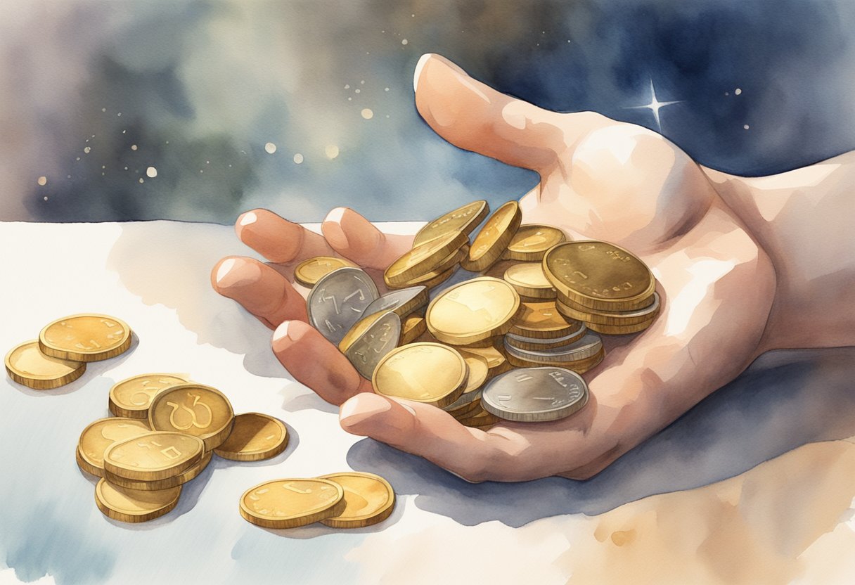 A hand reaching out to grab a shining gold coin, with a pile of other coins and a rewards card in the background