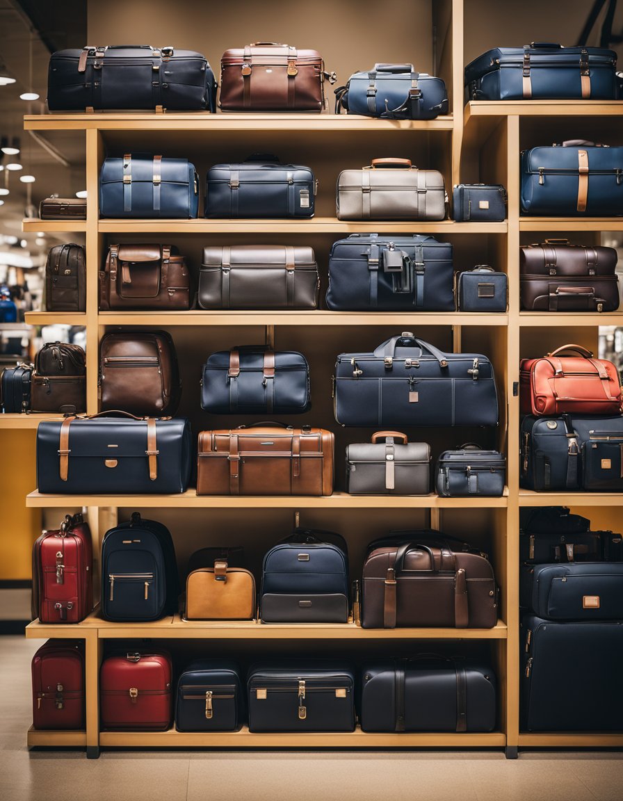 Various types of luggage arranged on display shelves in a store, including suitcases, duffel bags, backpacks, and carry-on bags. Labels indicate different sizes and features
