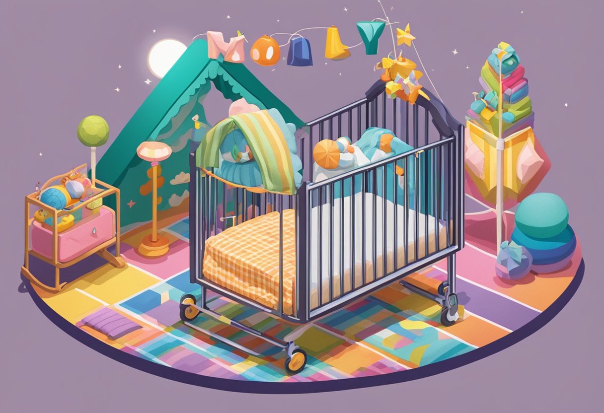 A small crib with the name "Molly" embroidered on the blanket, surrounded by colorful toys and a mobile gently spinning above