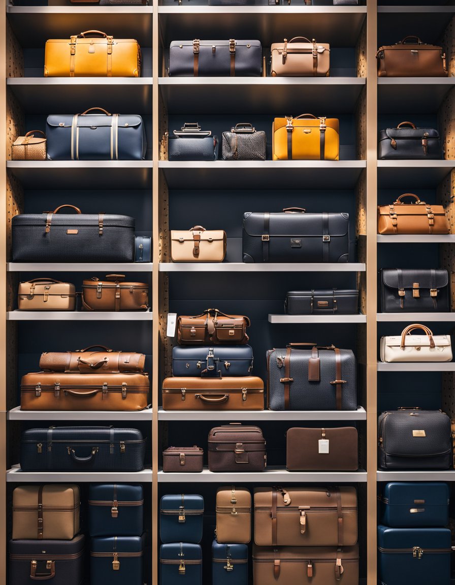 A display of top luggage brands in a UK store, with various sizes, colors, and designs showcased on shelves and racks
