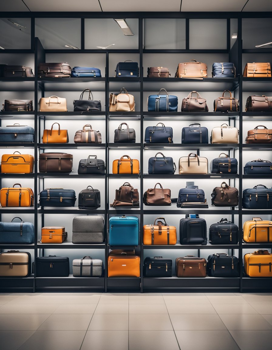 A bustling airport luggage store with colorful displays and discounted prices. Customers browse through various sizes and styles, comparing features and prices