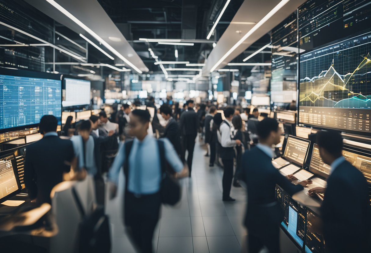 A bustling marketplace with data charts and graphs floating above various businesses, showcasing the interconnectedness of b2b marketing dynamics