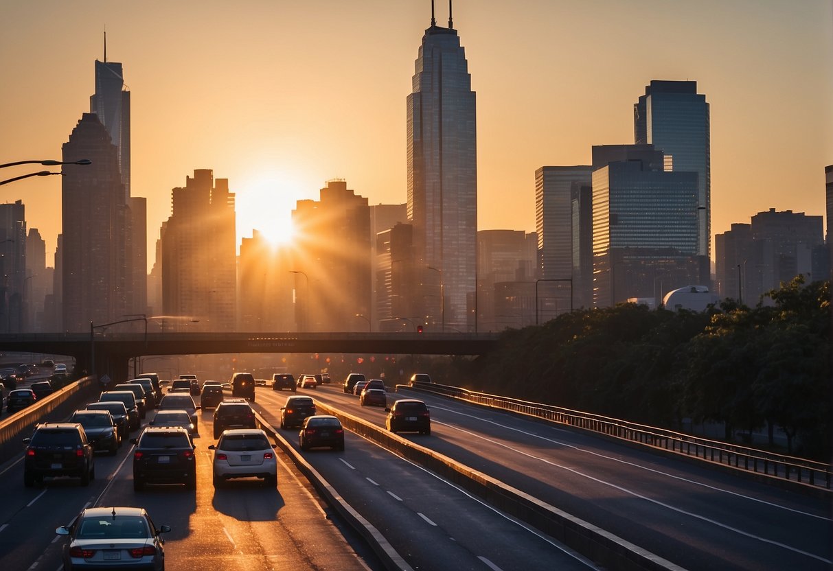 Monday Morning Motivation: A bright sunrise over a city skyline, with a bustling morning commute and people eagerly heading to work