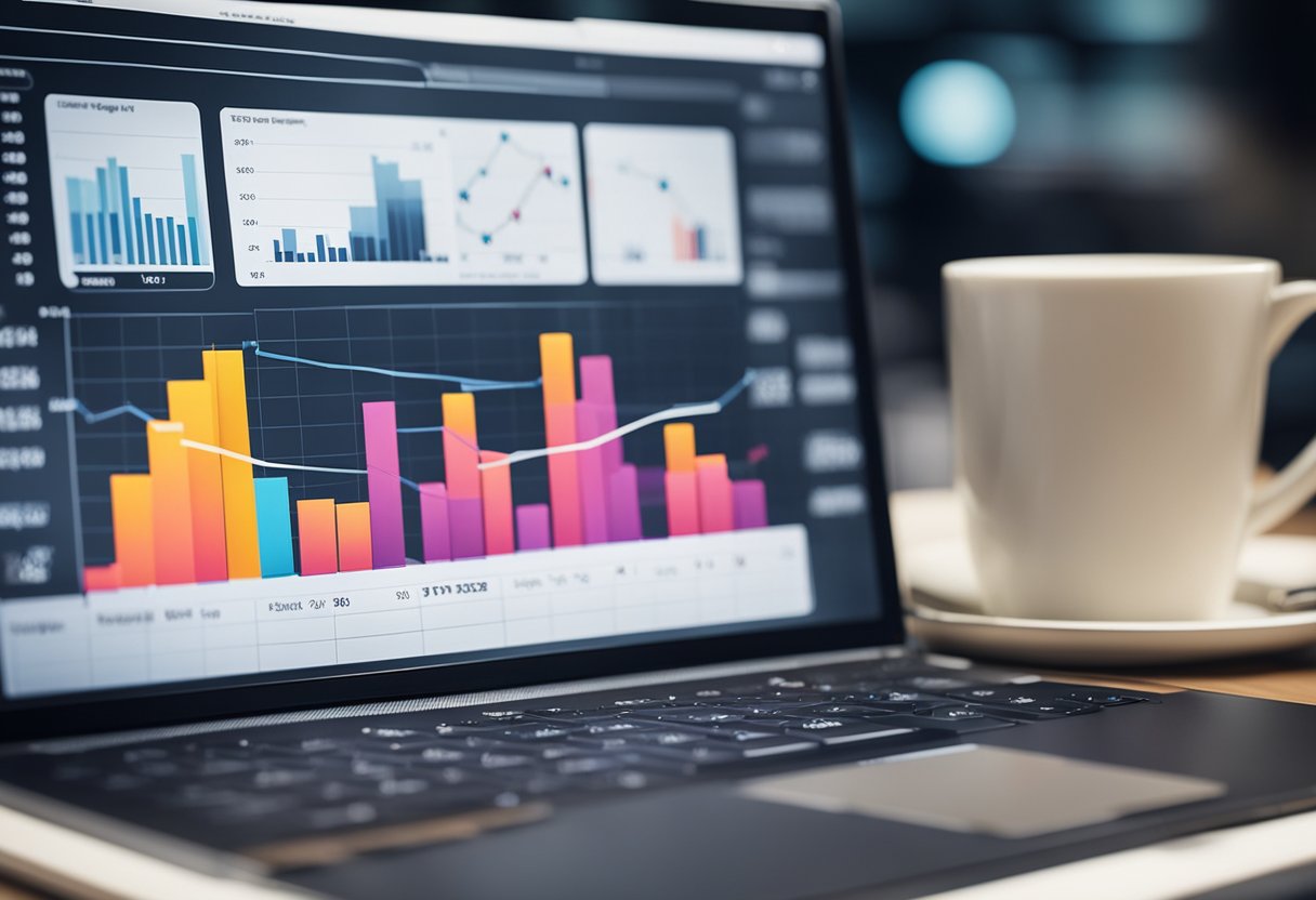 A computer screen displaying various data analytics charts and graphs, with a hand holding a pen to make notes on a printed report