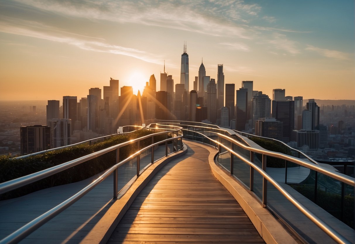 Monday Morning Motivation: A bright sunrise over a city skyline, with towering buildings and a clear pathway leading towards success. The scene exudes ambition and determination for professional growth