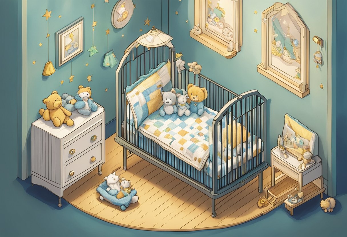 A small crib with the name "Murphy" embroidered on the blanket, surrounded by soft toys and a mobile hanging above