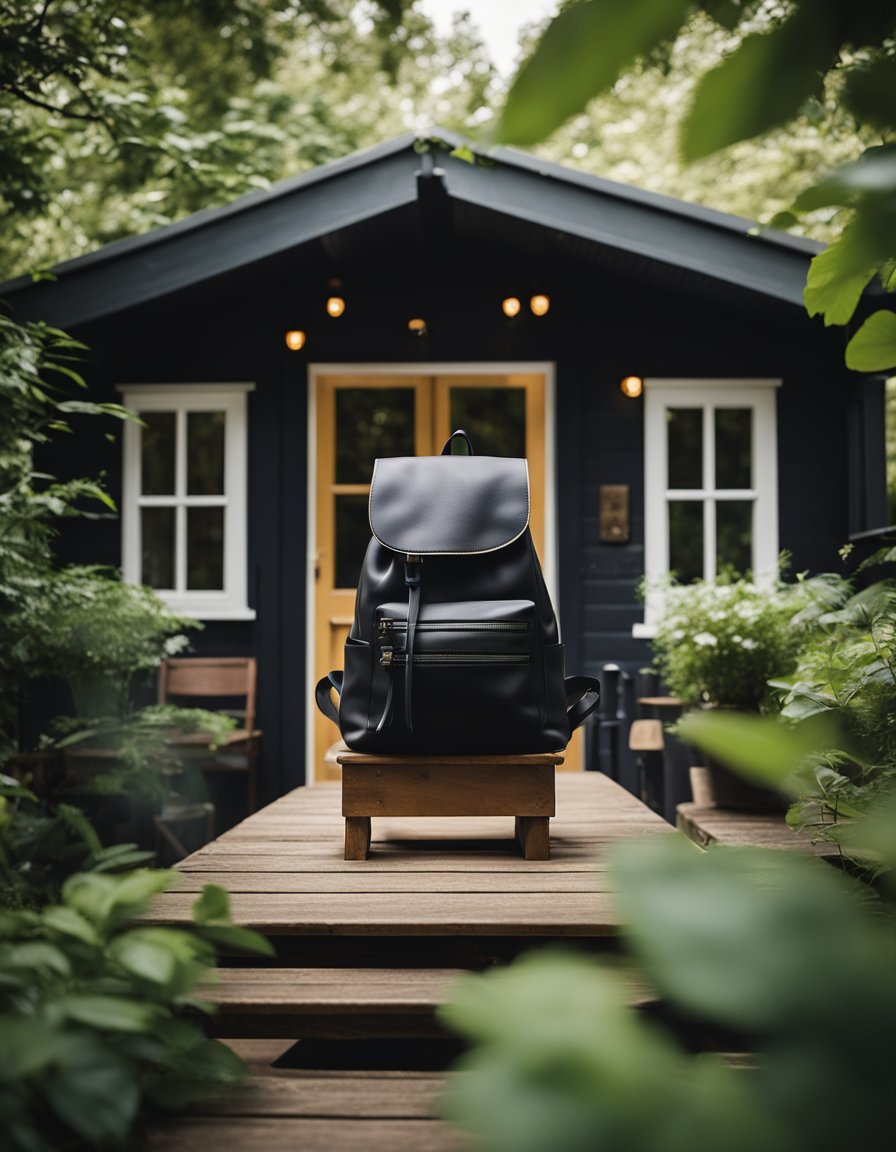 A sleek black backpack sits on a wooden cabin porch in the UK, surrounded by lush greenery and a tranquil atmosphere