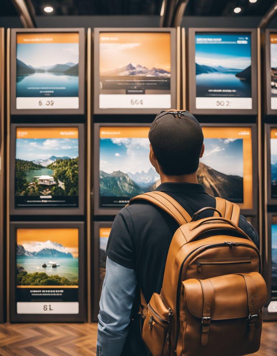 A traveler carefully selects a cabin backpack from a display of various options, considering size, features, and style