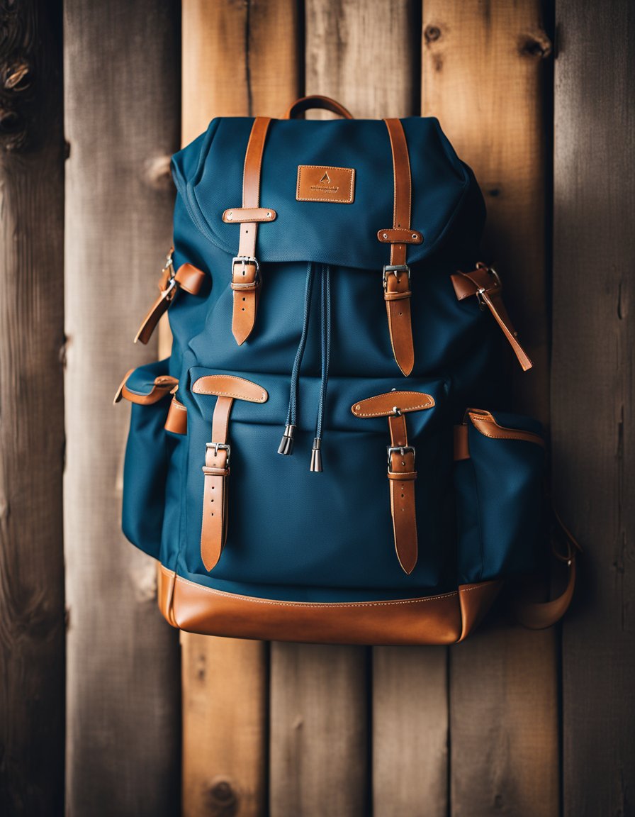 A top cabin backpack sits against a rustic wooden cabin wall, with multiple compartments and sturdy straps. The backpack is sleek and compact, with reinforced zippers and a padded back for comfort