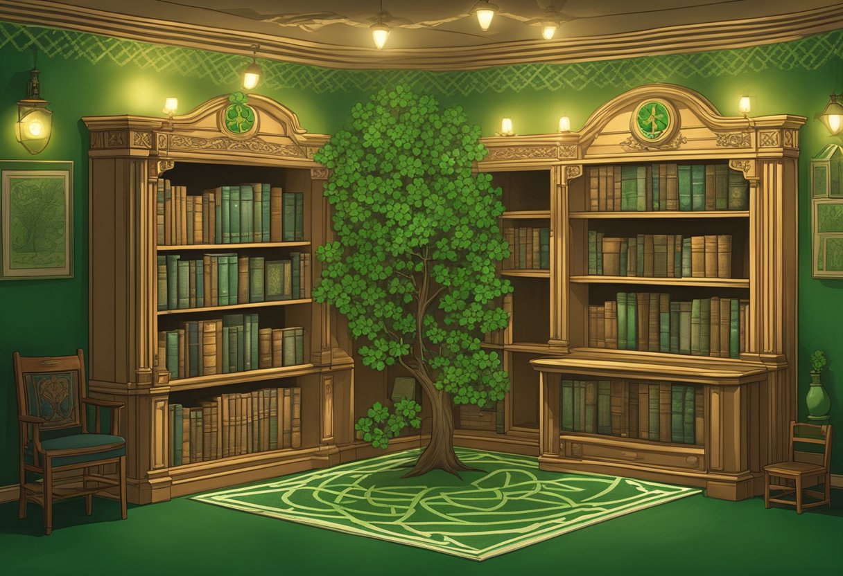 A bookshelf with Irish literature, a family tree, and a map of Ireland. A Celtic knot and a shamrock are displayed on the wall