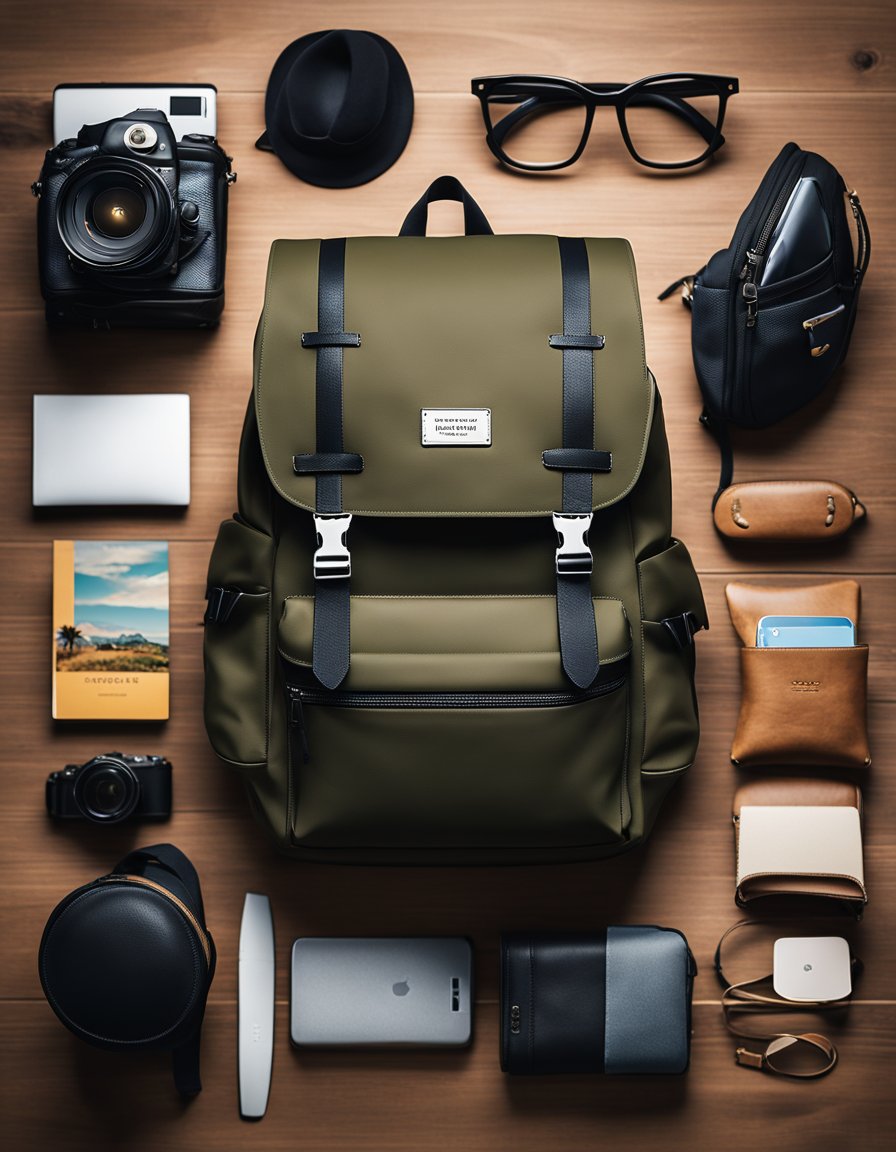 A cabin backpack sits on a wooden table, surrounded by travel essentials. The backpack is sleek and compact, with multiple compartments and sturdy straps