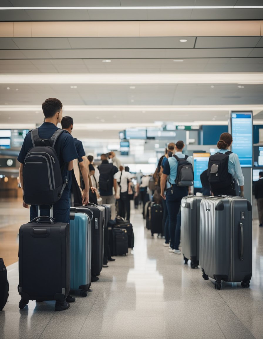 Passengers lining up, placing cabin backpacks in size-checking bins. Signs displaying hand luggage regulations. Airport staff inspecting bags