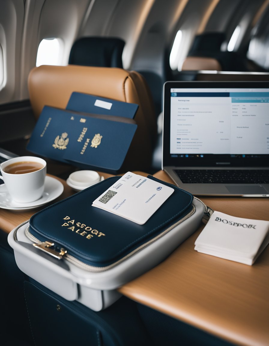 A sleek, compact handbag sits on an airplane tray table, with a passport and boarding pass peeking out of the front pocket