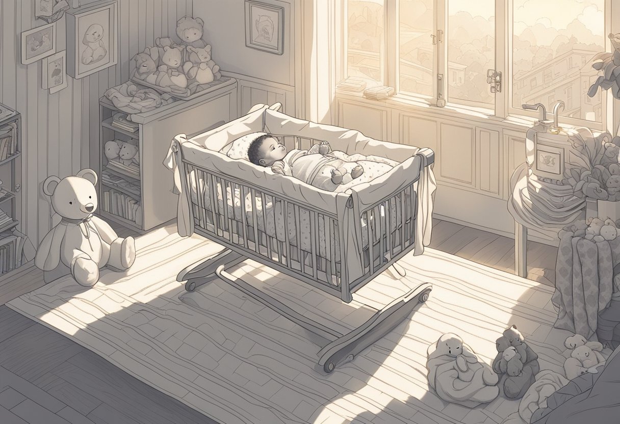 A baby named Muhammad lies peacefully in a cradle, surrounded by soft blankets and toys. Sunlight streams in through a nearby window, casting a warm glow over the scene