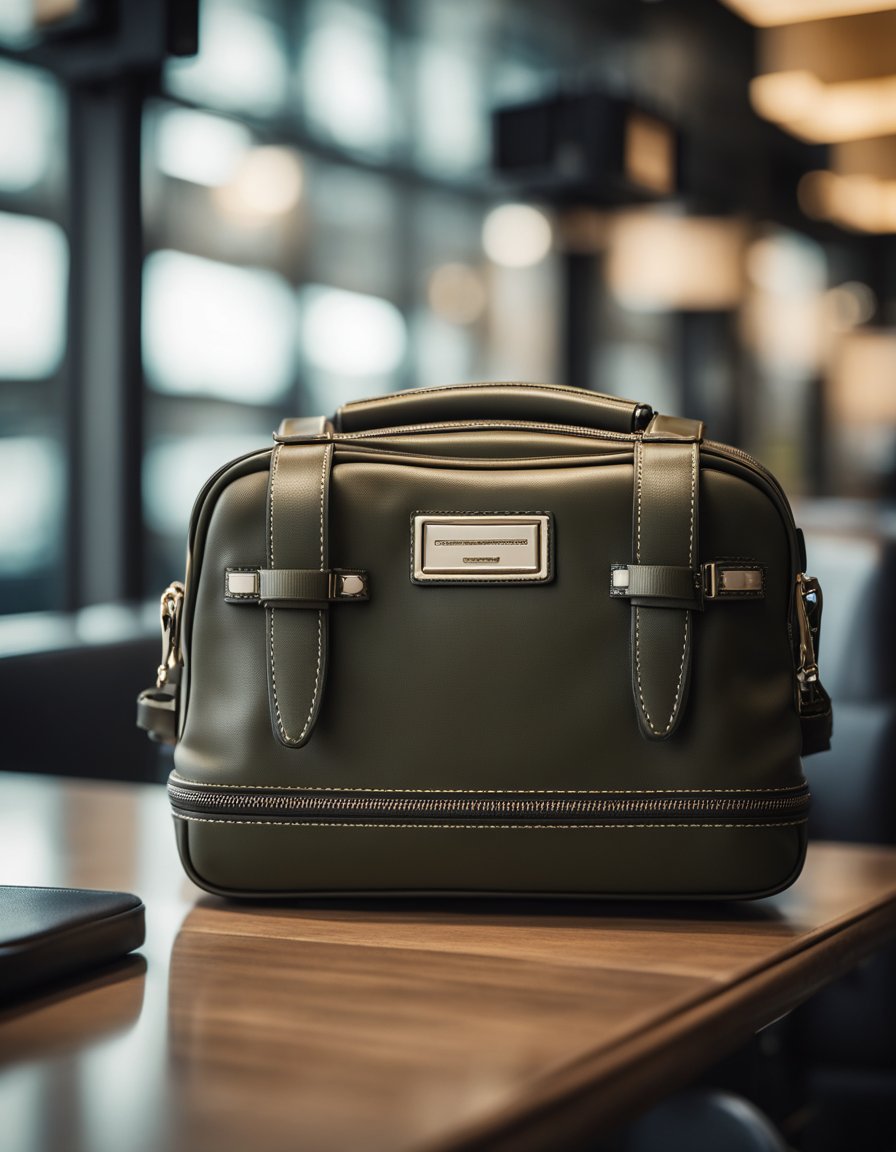 A traveler carefully selects a compact, lightweight handbag for air travel, with multiple compartments and a secure closure