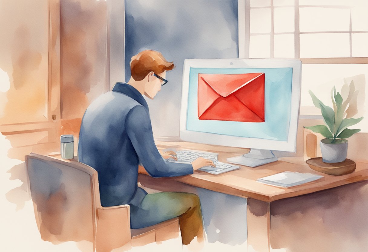 A person receiving a suspicious email, with a red flag icon next to it