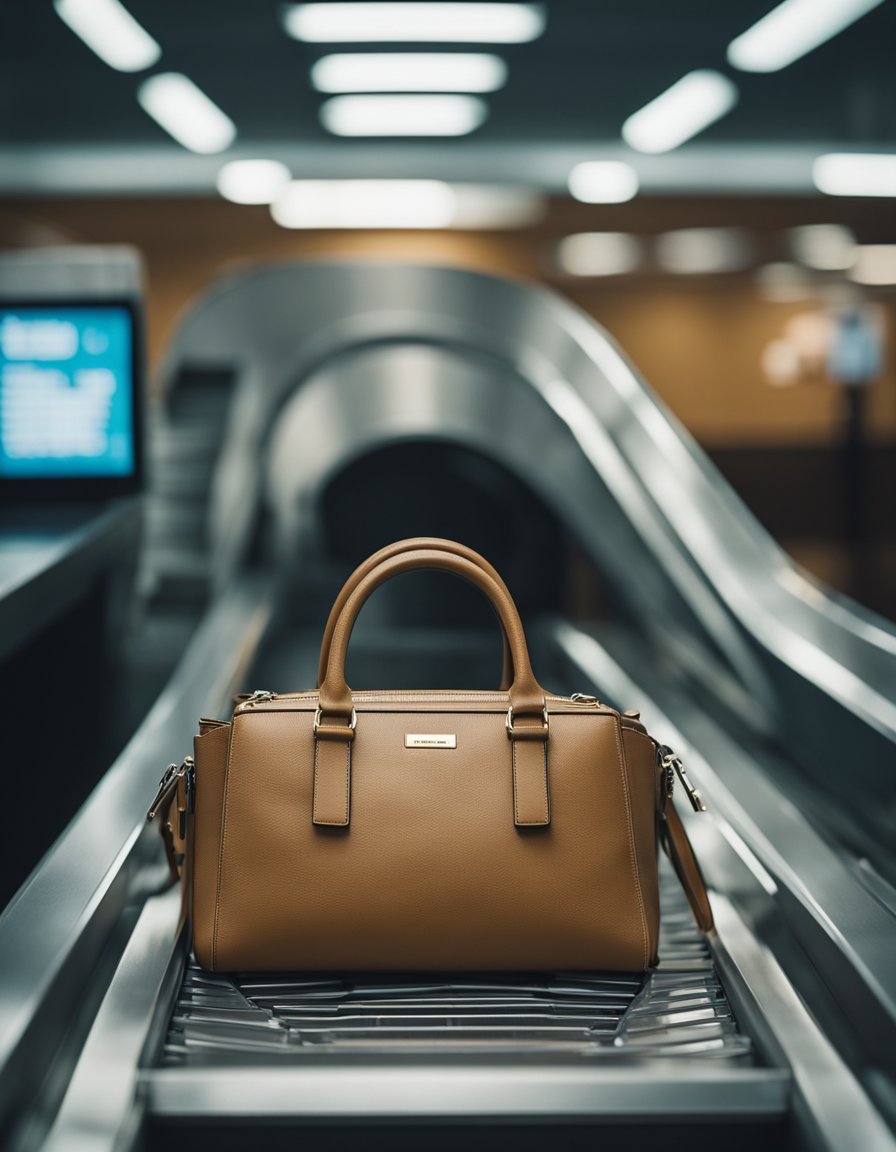 A woman's handbag placed on a security conveyor belt, with a clear pocket for ID and compartments for essential items